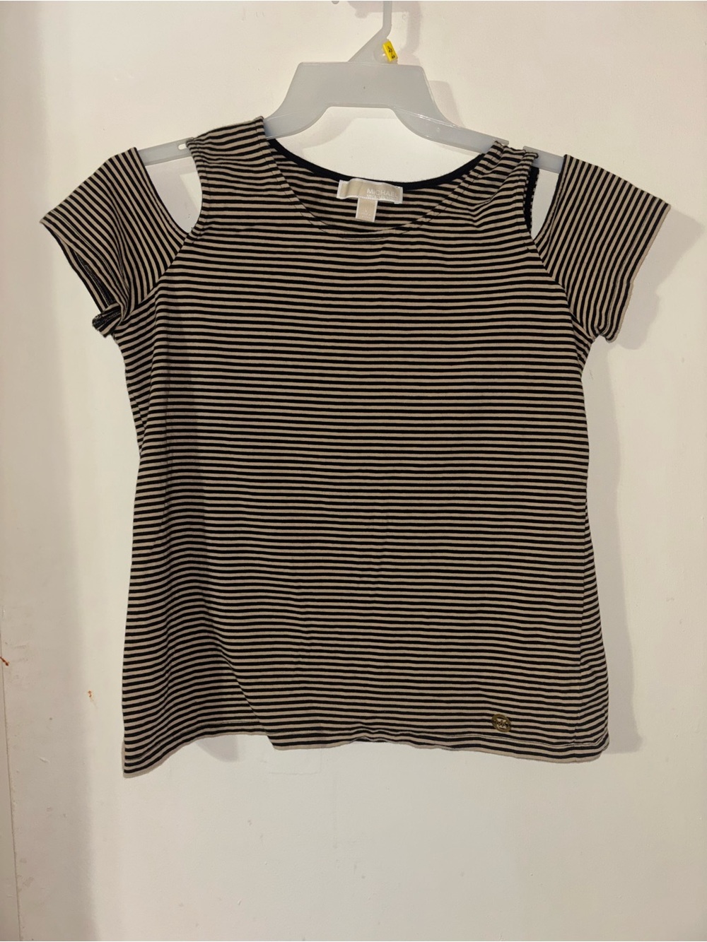 Michael Kors Black & yellow  Striped Cold-Shoulder Tee